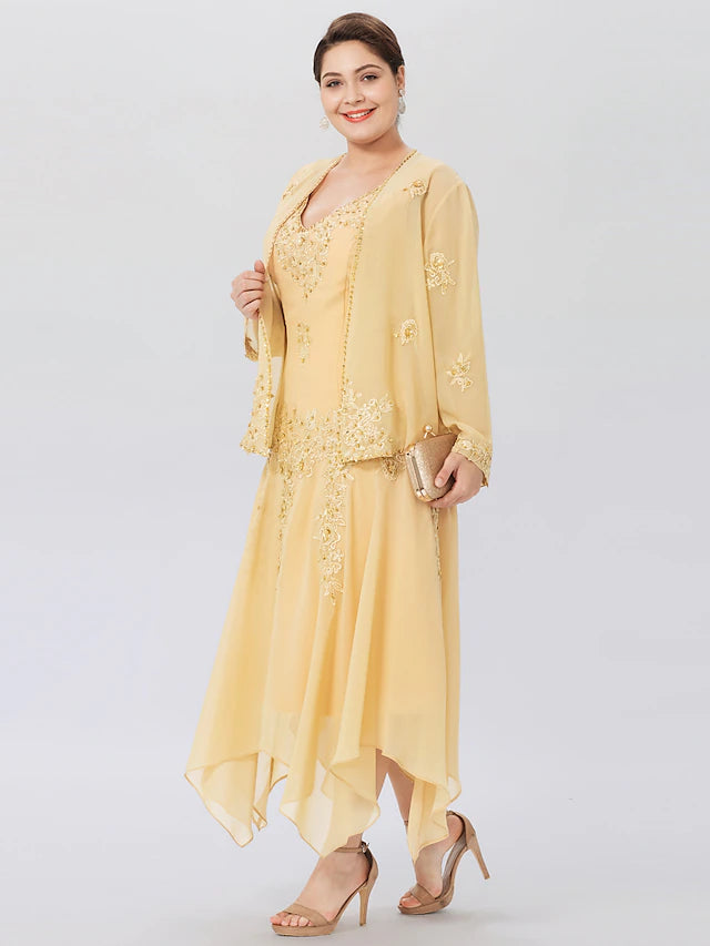 A-Linien-Kleid für die Mutter der Braut, formell, Übergröße, elegant, hoher und niedriger V-Ausschnitt, asymmetrisch, Chiffon, mit Perlen besetzte Spitze, lange Ärmel, Wickelkleid mit Perlenapplikationen